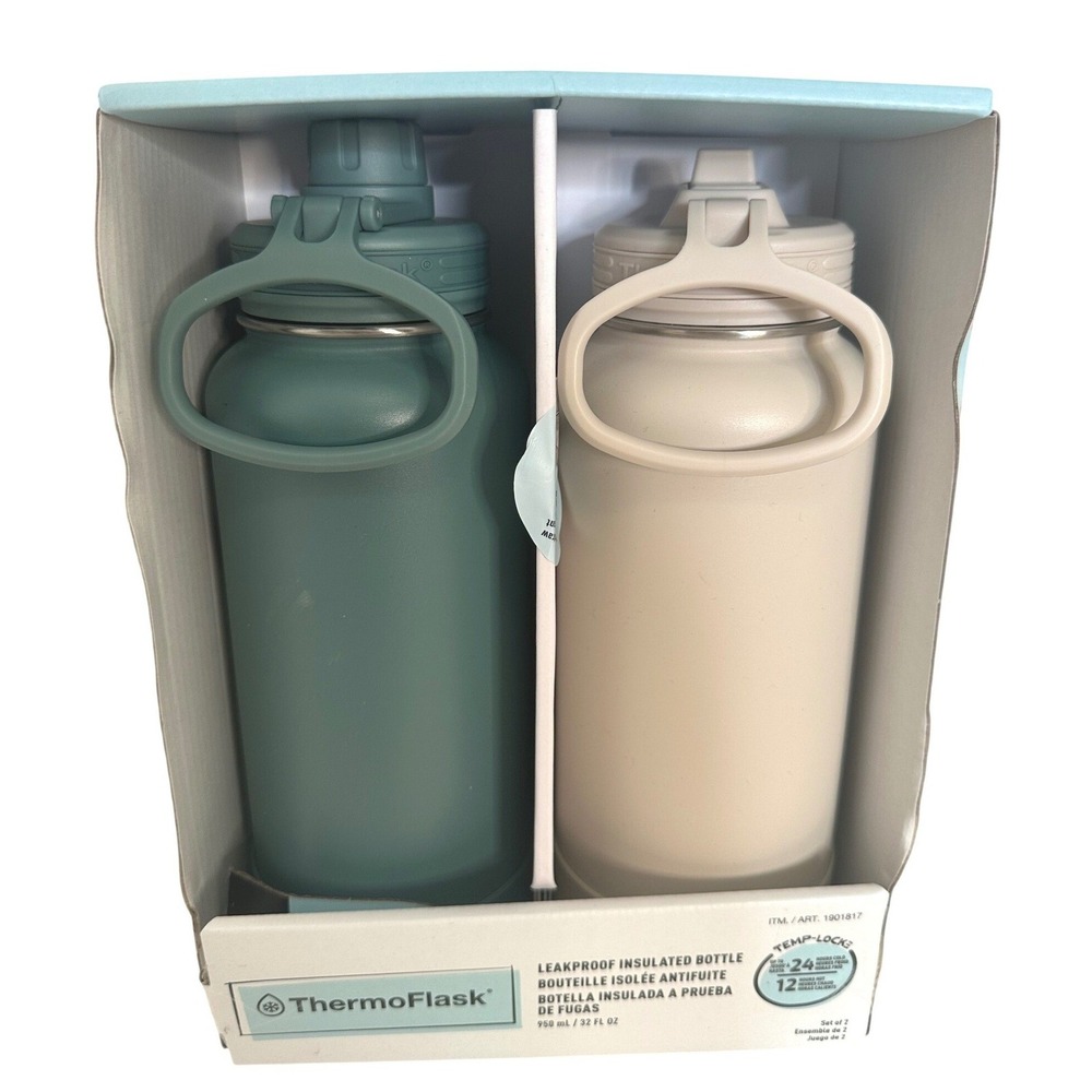 ThermoFlask Green Tan Insulated Stainless Steel Water Bottle 2pk 32oz